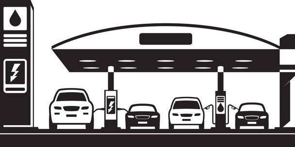 Samochody na stacji ładowania i benzyny - ilustracja wektor - Wektor, obraz