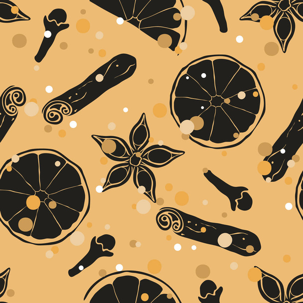 Christmas and New Year vintage seamless pattern with mulled wine ingredients: orange, badian, clove, cinnamon. Repeated pattern in old retro style grunge design craft paper imitation. - Vector, afbeelding