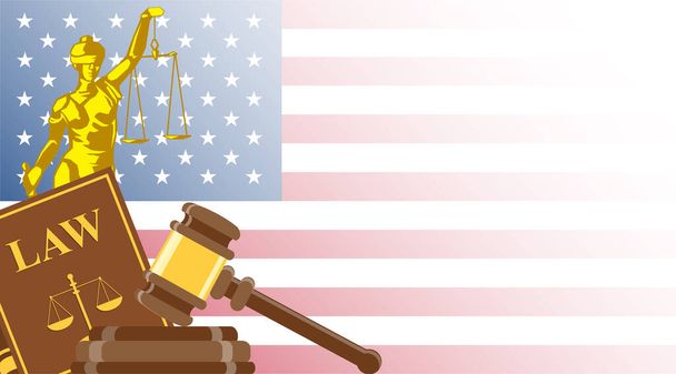 Визитка для адвоката или судебного работника. Статуя правосудия с судьей молотком и книгой законов на фоне флага США
 - Вектор,изображение