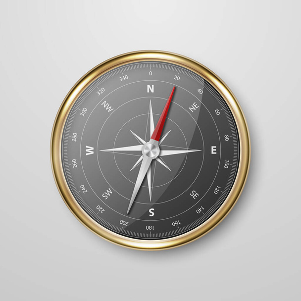 Vector Realistic Metal Golden Antique Old Vintage Compass with Windrose and Black Dial Icon Closeup Isolated on White Background. Design Template. Travel, Navigation Concept. Stock Vector Illustration - Vektör, Görsel