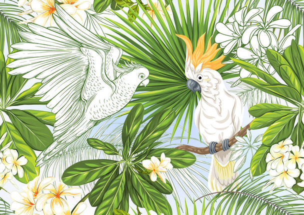 熱帯植物や花や鳥。シームレスなパターン - ベクター画像
