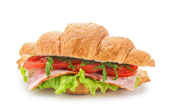 Tasty croissant sandwich on white background - Фото, изображение