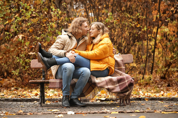 pareja joven sentada en el banco en el parque de otoño
 - Foto, imagen