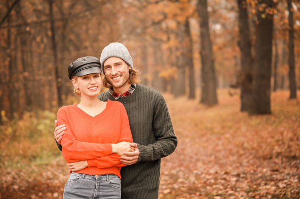 秋の日に公園で若いカップル - 写真・画像