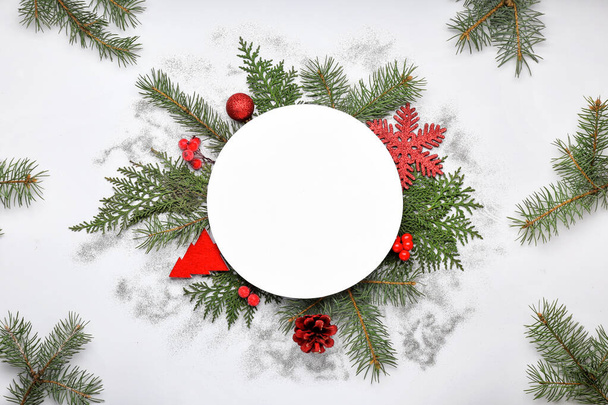 Beautiful Christmas composition with blank card on white background - Fotoğraf, Görsel