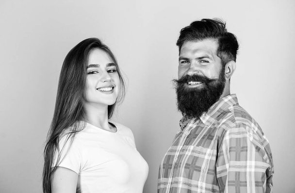 Life together. happy couple. couple in love. bearded man hipster with girl. hairdresser and barber concept. male and female fashion. valentines day. sexy woman and brutal guy with beard - Photo, image