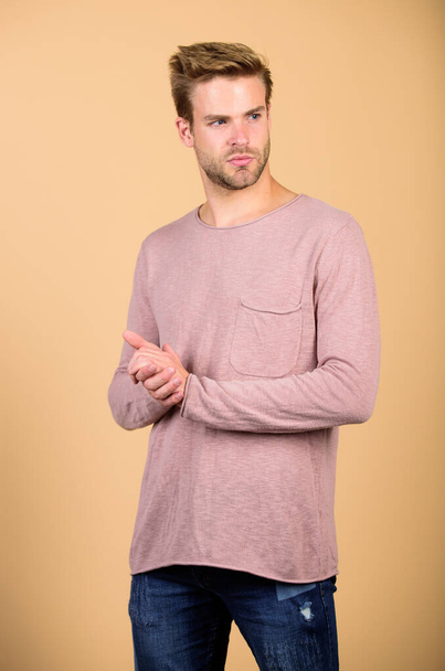 Discover latest styles of long sleeve shirt. Feeling casual and comfortable. Menswear fashionable clothing. Handsome man in casual style. Guy bristle wear casual outfit. Fashion concept. Clothes shop - Foto, afbeelding