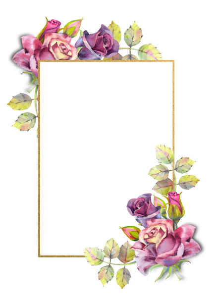 花の水彩画のイラストとフレーム。白い孤立した背景に濃いバラ。明るい花、葉、結婚式の文房具、挨拶、壁紙、ファッション、背景、テクスチャ、パッケージ. - ベクター画像