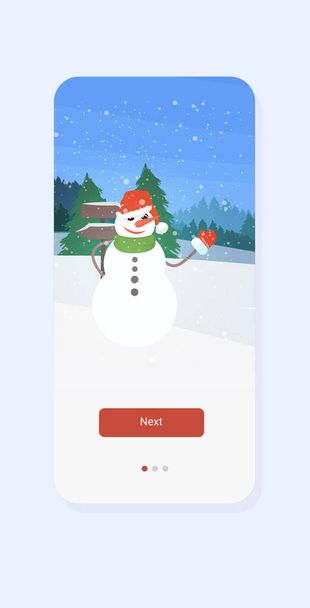 lumiukko hattu ja huivi heiluttaen oli hyvää joulua onnellista uutta vuotta loma juhla käsite tervehdys kortti maisema tausta älypuhelin näyttö verkossa mobiilisovellus pystysuora
 - Vektori, kuva