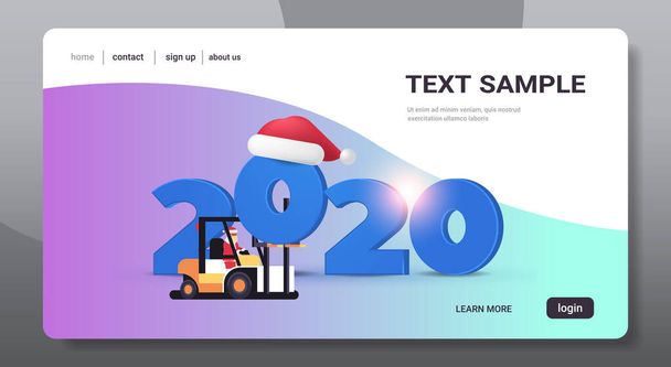 santa claus on forklift loading 2020 happy new year poster winter holidays celebration concept greeting card flat horizontal copy space - Vettoriali, immagini