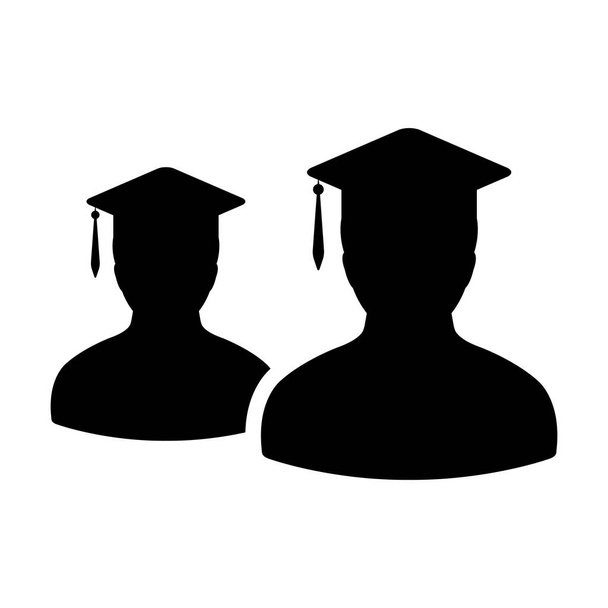 Icono académico vector grupo masculino de estudiantes avatar perfil de persona con el símbolo de sombrero de mortero para la escuela, universidad y grado universitario en ilustración de pictograma de glifo de color plano
 - Vector, Imagen