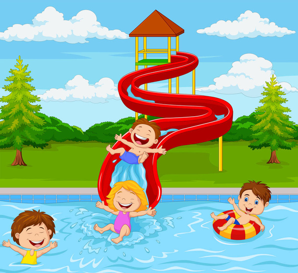 Vektor-Illustration von Kindern, die im Wasserpark spielen - Vektor, Bild