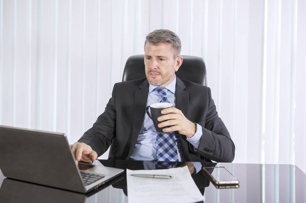 Komea valkoihoinen liikemies työskentelee kannettavan tietokoneen kanssa
 - Valokuva, kuva