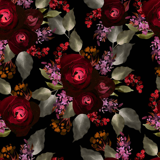 Φωτεινό πολύχρωμο απρόσκοπτη μοτίβο με λουλούδια από τριαντάφυλλα και μούρα. - Φωτογραφία, εικόνα