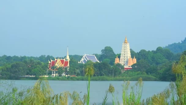 Buddhista templomok és pagodák találhatók a tó közepén egy völgy és a madár repül - Felvétel, videó