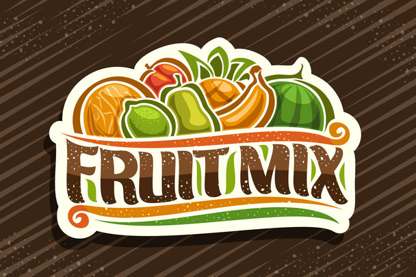 Logo wektorowe Fruit Mix, wycięta plakietka papierowa z ilustracją stos owoców kreskówki i dekoracyjnych kwitnie, krój pędzla dla słów owocowy mix, etykieta dla kwaśnych cukierków na brązowym abstrakcyjnym tle. - Wektor, obraz