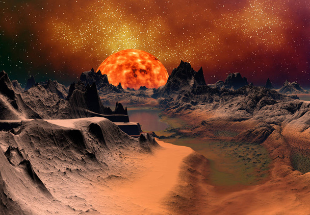 3d Rendered Fantasy Alien Planet in de buurt van een zon - 3d Illustratie - Foto, afbeelding