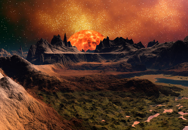 3D Rendered Fantezi Uzaylı Gezegeni Bir Güneş Yakınları - 3D Görüntü - Fotoğraf, Görsel