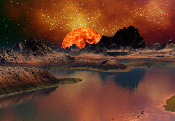 3d επεξεργάστηκε φαντασία αλλοδαπός πλανήτης κοντά σε έναν ήλιο - 3d Εικονογράφηση - Φωτογραφία, εικόνα