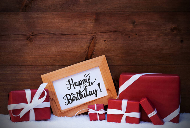 Frame, Red Gift, Snow, Calligraphy Happy Birthday - 写真・画像