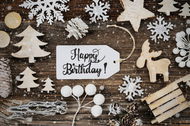 Label, Frame Of Christmas Decoration, Text Happy Birthday, Snowflakes - Foto, imagen