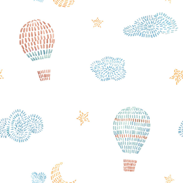 Watercolor vector seamless pattern with air baloons, sky, clouds, stars, in cute baby stitch embroidery style. Ready print for wallpapers in childroom. - ベクター画像