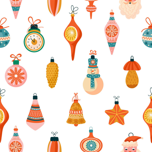 Merry Christmas and Happy New Year background. Seamless pattern with various tree decorations. Snowman, clock, Santa Claus, bell, star and ball toy. - Διάνυσμα, εικόνα