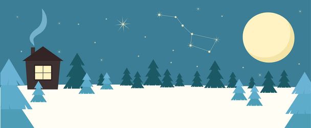 Winter landscape with a house and Christmas trees on the background of the moon, the Constellation of the polar bear and the starry sky. Vector graphics. - Vetor, Imagem