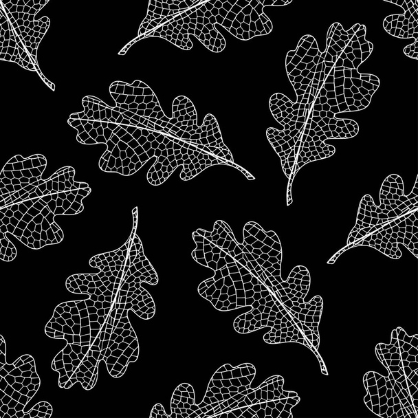 Nyílt tölgyfa levelek fekete háttérrel. Zökkenőmentes vektor minta. Természet monokróm háttér. - Vektor, kép