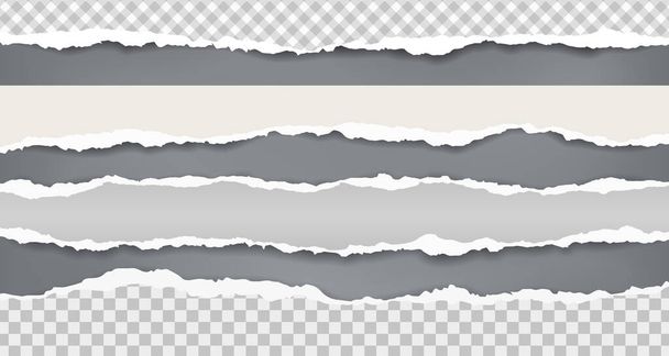 Set of torn, ripped, squared paper strips with soft shadow are on black background. Vector template illustration - Vector, Image