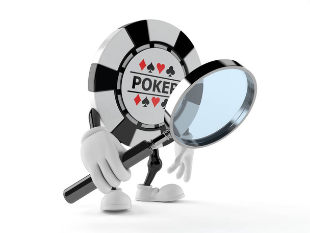 Χαρακτήρας τσιπ τυχερών παιχνιδιών κοιτάζοντας μέσα από μεγεθυντικό φακό - Φωτογραφία, εικόνα