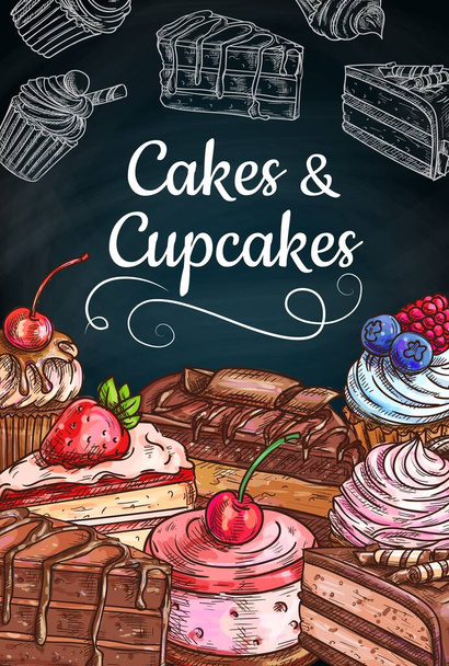 Chocolate cakes, cupcakes and muffins with cream - Vector, Image