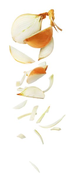Corte de cebolla y gotas aisladas sobre un fondo blanco - Foto, Imagen