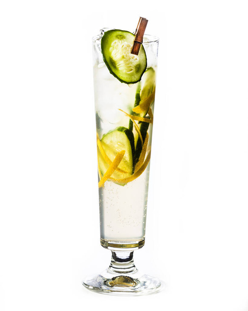 Glass of refreshing cucumber lemonade isolated on white - Fotografie, Obrázek