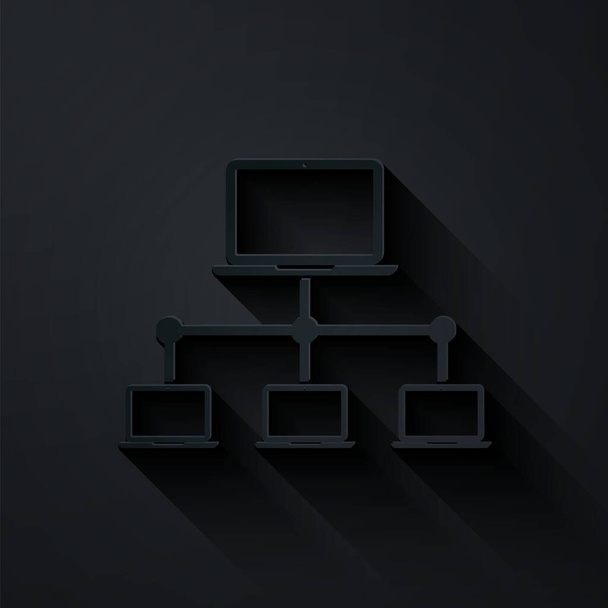 Corte de papel Icono de red informática aislado sobre fondo negro. Red de computadoras portátiles. Conexión a Internet. Estilo de arte de papel. Ilustración vectorial
 - Vector, imagen