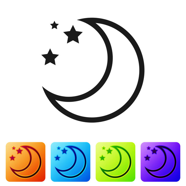 Ikona Černý měsíc a hvězdy izolované na bílém pozadí. Nastavit ikony v barevných čtvercových tlačítcích. Vektorová ilustrace - Vektor, obrázek