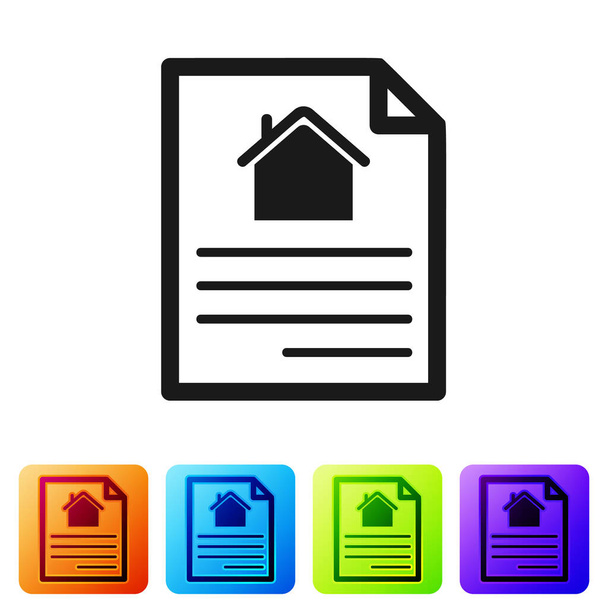Black House contract icon isolated on white background. Contract creation service, document formation, application form composition. Set icons in color square buttons. Vector Illustration - Vector, Image