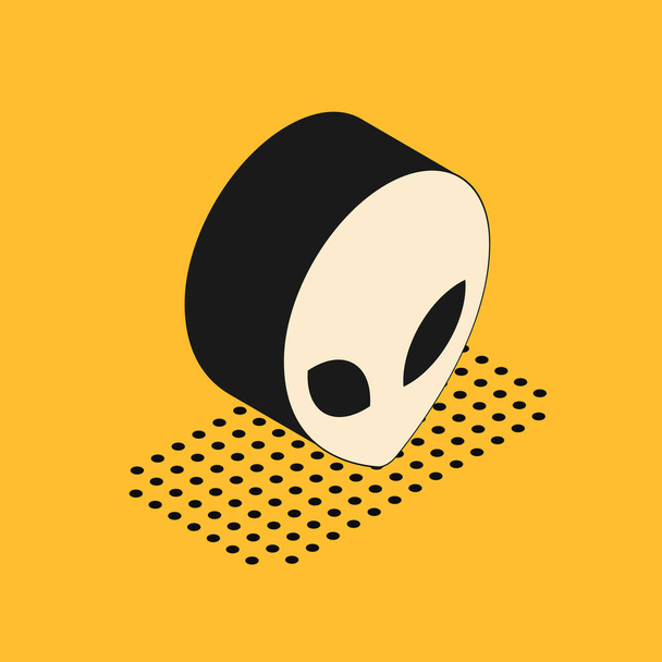 Ізометрична піктограма прибульця ізольована на жовтому тлі. Позаземний інопланетний символ обличчя або голови. Векторна ілюстрація
 - Вектор, зображення