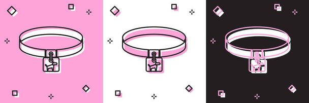 Set Collar de perro con icono de etiqueta de nombre aislado en rosa y blanco, fondo negro. Suministros simples para animales domésticos. Cuidado de gatos y perros. Cadenas para perros. Ilustración vectorial
 - Vector, Imagen