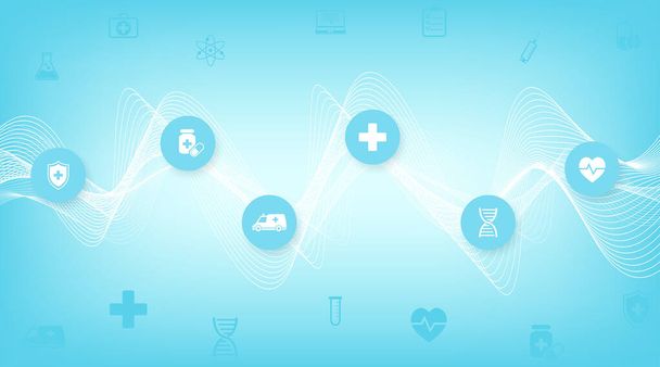 Abstrakti terveydenhuollon banneri malli tasainen kuvakkeet. Terveydenhuollon lääketieteellinen käsite. Lääketieteellinen innovaatio teknologia apteekki banneri. Vektoriesimerkki - Vektori, kuva