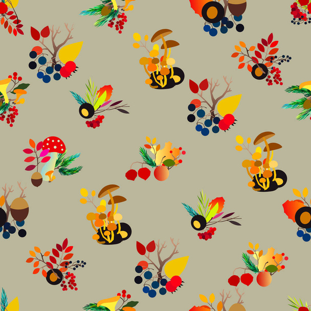 Autumn seamless pattern with berries, acorns, pine cone, mushrooms, branches and leaves. - Вектор,изображение