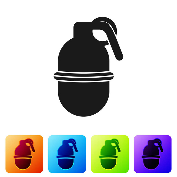 Ícone de granada preta mão isolado no fundo branco. Explosão de bombas. Definir ícones em botões quadrados de cor. Ilustração vetorial
 - Vetor, Imagem