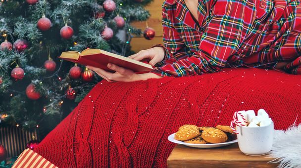 O Vánocích, holka v pyžamu s knihou. Selektivní zaměření. - Fotografie, Obrázek