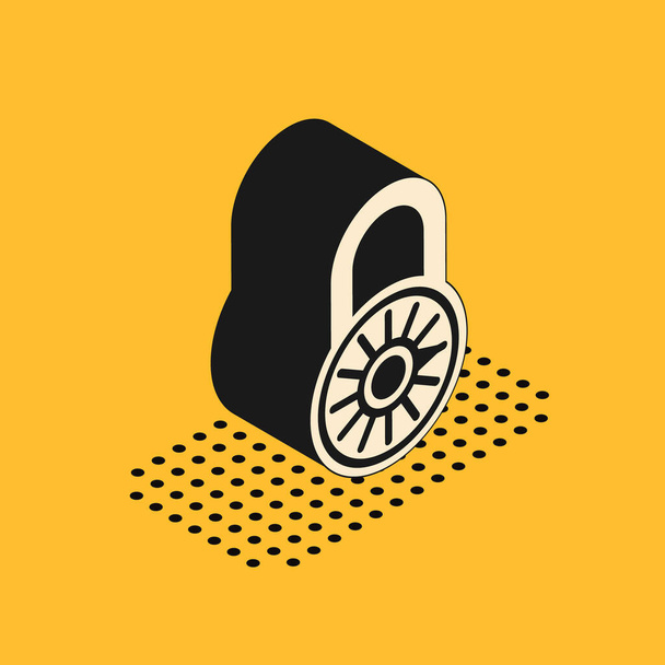 Isometrica Sicuro combinazione icona ruota di blocco isolato su sfondo giallo. Lucchetto a combinazione. Sicurezza, protezione, protezione, password, privacy. Illustrazione vettoriale
 - Vettoriali, immagini