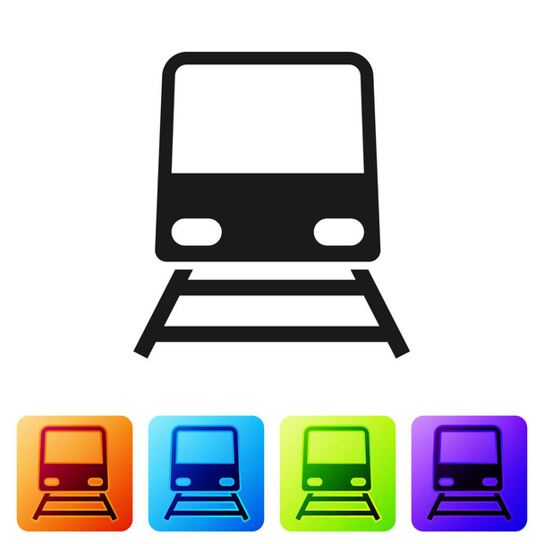 Μαύρο εικονίδιο τρένου απομονωμένο σε λευκό φόντο. Σύμβολο δημόσιων συγκοινωνιών. Μεταφορά με τρένο στο μετρό. Μετρό υπόγεια. Ορισμός εικονιδίων σε χρωματιστά τετράγωνα κουμπιά. Εικονογράφηση διανύσματος - Διάνυσμα, εικόνα