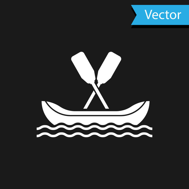 Fehér Rafting hajó ikon elszigetelt fekete háttérrel. Kayak evezőkkel. Vízi sportok, extrém sportok, nyaralás, vakáció, csapatépítés. Vektorillusztráció - Vektor, kép