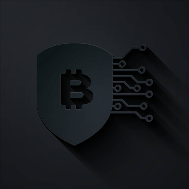 Escudo de corte de papel com ícone bitcoin isolado no fundo preto. Mineração de criptomoeda, tecnologia blockchain, segurança, proteger, dinheiro digital. Estilo de arte de papel. Ilustração vetorial
 - Vetor, Imagem