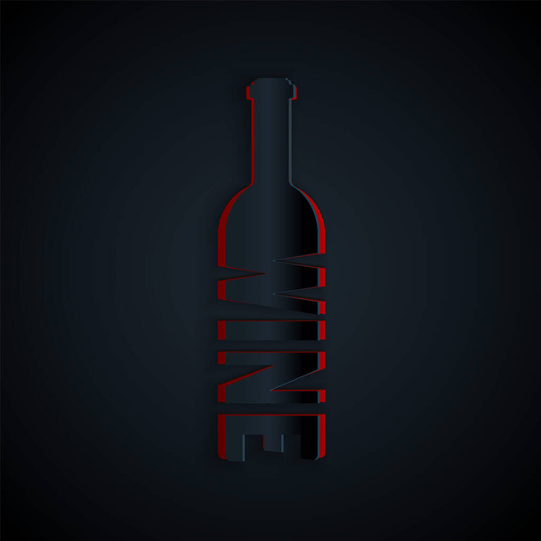 Paper cut Bottle of wine icon isolated on black background. Lettering bottle of wine. Paper art style. Vector Illustration - Vector, Image