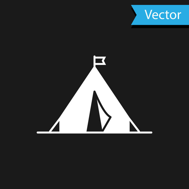 黒の背景に隔離されたフラグアイコンを持つホワイト観光テント。キャンプのシンボル。ベクターイラスト - ベクター画像