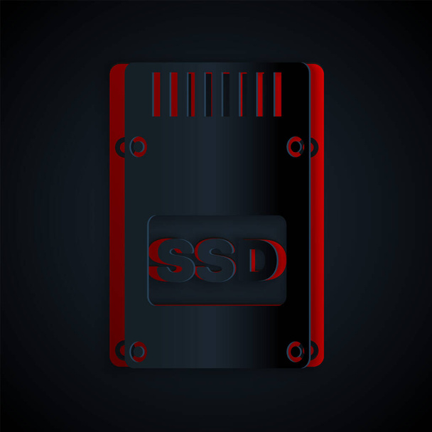 Папір вирізає піктограму SSD-картки ізольовано на чорному тлі. Знак твердотільного накопичувача. Символ диска зберігання. Стиль паперового мистецтва. Векторна ілюстрація
 - Вектор, зображення